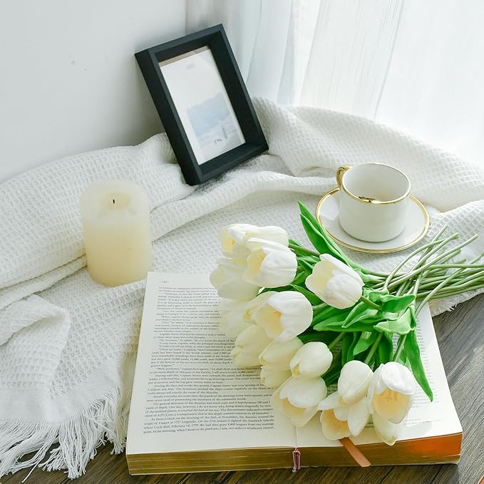 Mandy's Artificial Tulips 12 Stems White PU Faux Flowers for Wedding Home Decor 13.5 Inch-Ruum Studio Home