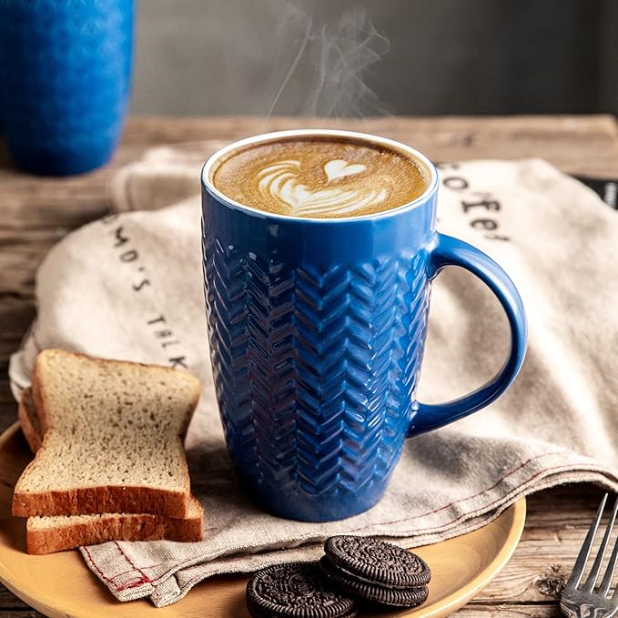 AmorArc Extra Large Coffee Mugs Set of 6, 20oz Ceramic Tall Coffee Mugs Set with Textured Geometric Patterns for Latte/Tea/Beer/Hot Cocoa, Dishwasher & Microwave Safe, Blue-Ruum Studio Home