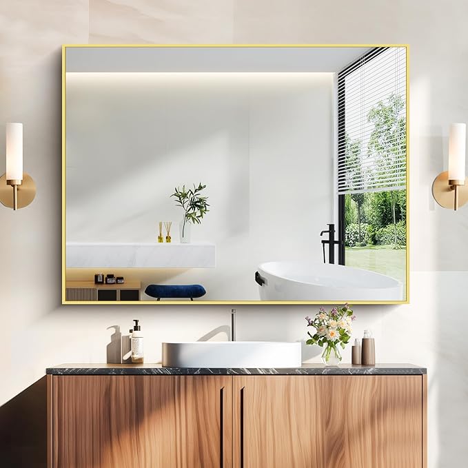 36x48inch Bathroom Mirror, Gold Rectangle Mirror with Thin Metal Frame, Large Rectangular Wall Mirrors for Bathroom, Living Room, Hair Salon, Big Farmhouse Mirror Hang Horizontal/Vertical-Ruum Studio Home