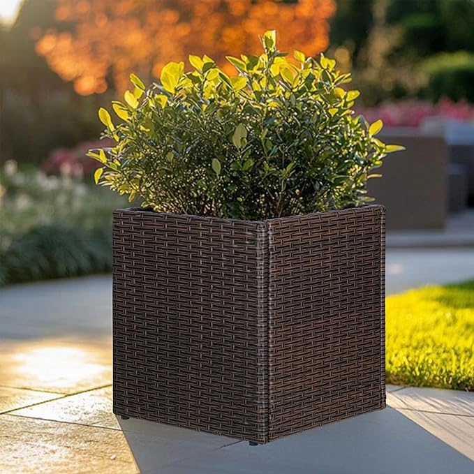 LEWIS&WAYNE Large Square Planter Box Handmade Wicker Tall Planters for Outdoor Plants with Removable Liners Modern Planter for Indoor Outdoor Garden Patio Front Porch - Brown, 17''x17''x18''-Ruum Studio Home