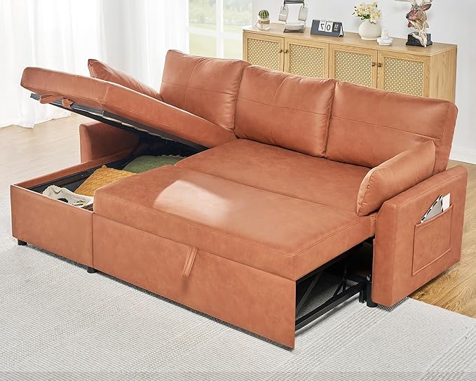 VanAcc Sleeper Sofa, Sofa Bed- 2 in 1 Pull Out Couch Bed with Storage Chaise, Sofa Sleeper Couch for Living Room, Brown Leathaire-Ruum Studio Home