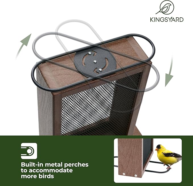 Kingsyard Metal Mesh Bird Feeder for Outdoors Hanging, Finch Feeder for Nyjer/Thistle, Sliding Mesh & Built-in Perch, Recycled Plastic, Brown-Ruum Studio Home