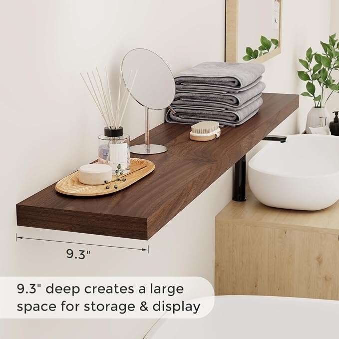 55 Inch Floating Shelves Set of 2, Rustic 55 x 9 Floating Shelf for Wall, 9 Inch Deep Wall Shelves Invisible Bracket, Large Deep Shelving for Bedroom, Kicten, Living Room, Walnut Color-Ruum Studio Home