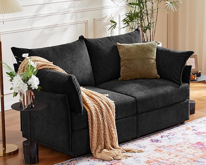 Oversized Loveseat Sofa, Modern Modular Sectional Couch Black Fluffy Chenille Mid Century 2-Seat 24.5" Deep Seat for Apartment, Living Room, Bedroom-Ruum Studio Home