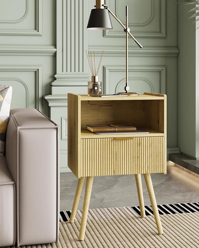 Nightstand,Modern Bedside Table with Storage Drawer and Open Wood Shelf, Accent Night Stand with Solid Wood Legs for Living Room, Bedroom and Small Spaces,Easy Assembly (Yellow Oak)-Ruum Studio Home