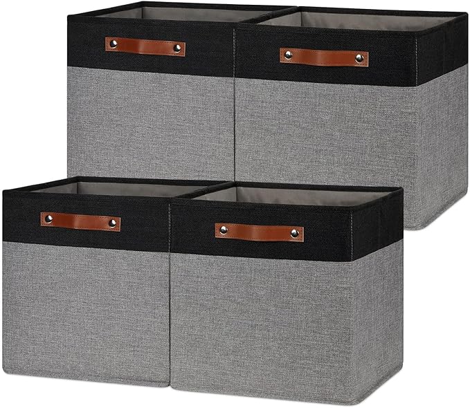 HNZIGE Storage Baskets for Organizing, Set of 4, Square Fabric Storage Cubes Bins 13 x 13, Collapsible Black Storage Bins for Shelves, Closets, Nursery, Home, Office (Black&Grey)-Ruum Studio Home