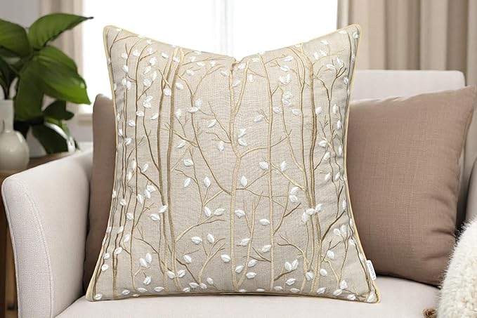 VAGMINE Embroidered Forest Throw Pillow Cover - 20x20 Inches Square - 100% Linen Natural Decorative Cushion Cover - Elegant Embroidery - Rustic Home Accent for Sofa, Bed, Couch, Farmhouse Décor-Ruum Studio Home