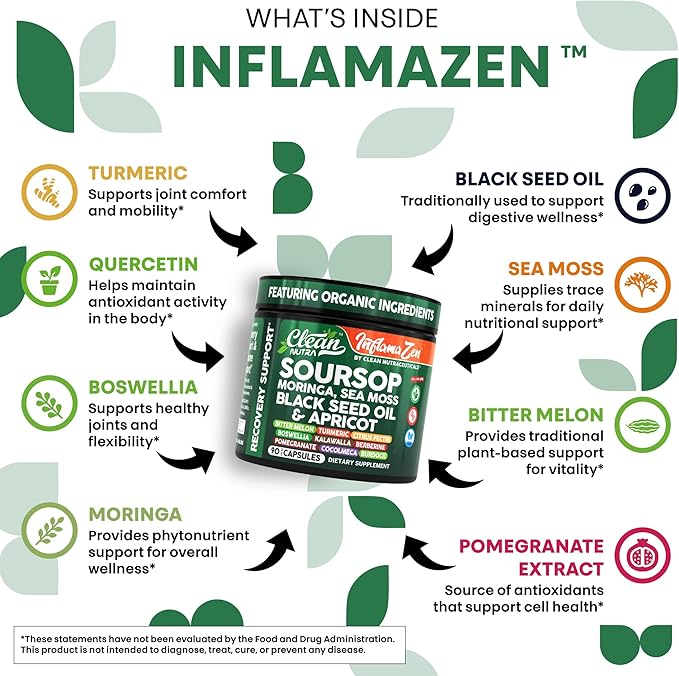 Clean Nutra Soursop Supplement Moringa Sea Moss Black Seed Oil Berberine Turmeric Resveratrol Quercetin Greens Bitters Boswellia Bitter Melon Burdock Root Antioxidant Support 90 Capsules-Ruum Studio Home