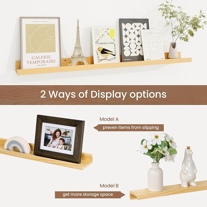 Picture Ledge Shelf, Solid Pine Wood Floating Shelves Set of 2, 32 Inches Nursery Book Shelves for Toys Storage, Kids Bookshelf Wall Mounted for Living Room Bedroom Decor Books Photo Frames, Natural-Ruum Studio Home