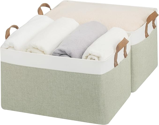 StorageWorks Storage Bins, Fabric Storage Bins for Shelves, Extra Large Storage Baskets with Metal Frame, Closet Baskets and Bins with Handles, Jumbo, Green and White, 2-Pack-Ruum Studio Home