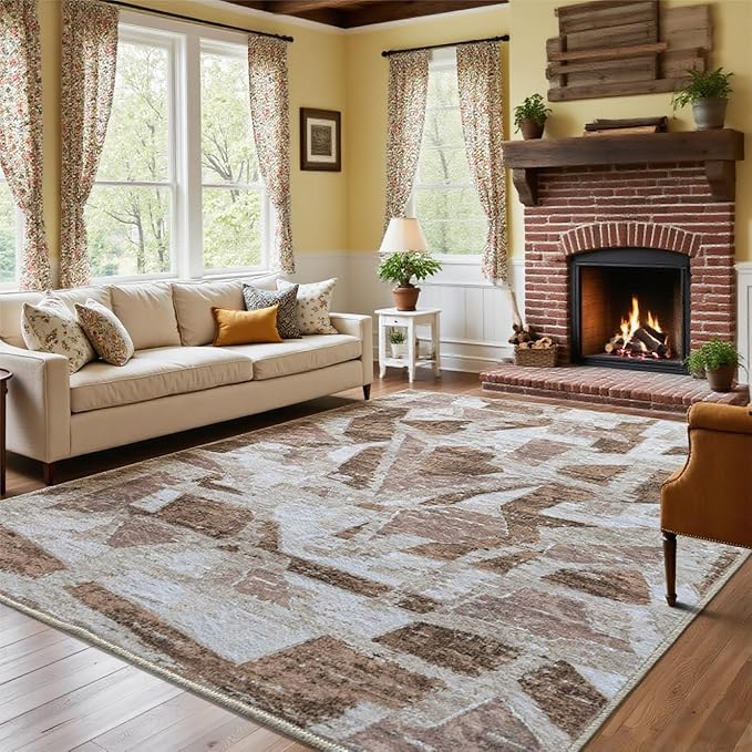 Modern Abstract 8X10 Area Rug for Living Room Bedroom Washable, Non-Slip Rubber Backing Print Faux Wool Thin, Brown Throw Large Carpet for Kids Playroom Dining Room Pet & Child Friendly-Ruum Studio Home