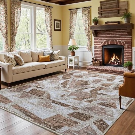 Modern Abstract 8X10 Area Rug for Living Room Bedroom Washable, Non-Slip Rubber Backing Print Faux Wool Thin, Brown Throw Large Carpet for Kids Playroom Dining Room Pet & Child Friendly-Ruum Studio Home