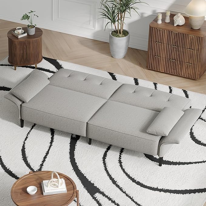 89” Futon Sofa Bed, Linen Comfy Futon Couch Bed with 2 Square Pillows, Convertible Sleeper Sofa with Adjustable Backrest& Armrests, Modern Loveseat Sleeper for Living Room, Bedroom, Light Gray-Ruum Studio Home
