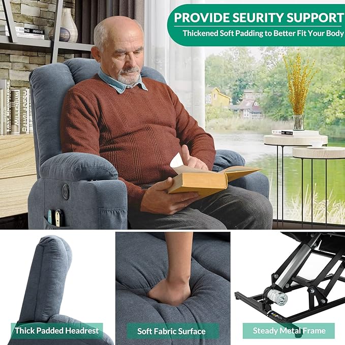 VIVIJASON Power Lift Chair Electric Recliner for Elderly Heated Vibration Massage Soft Fabric Recliner Chair with 2 Remote Controls, USB Ports, Side Pockets & Cup Holders for Living Room (Blue)-Ruum Studio Home