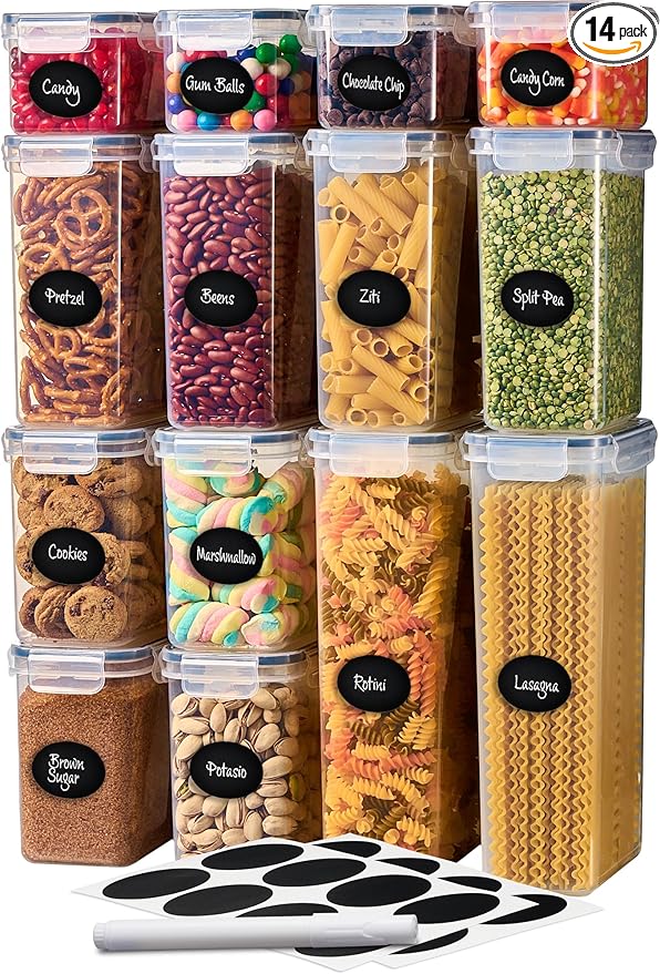 DWËLLZA KITCHEN Set of 14 Airtight Food Storage Containers for Pantry Organization and Storage - Sugar, Flour, Pasta, Spaghetti Plastic Air tight Kitchen Storage Containers With Lids, Labels & Marker-Ruum Studio Home