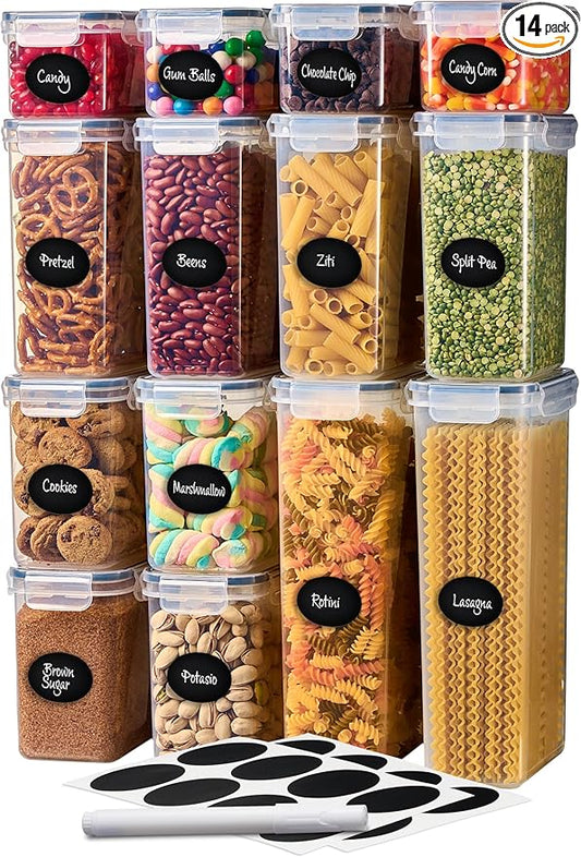 DWËLLZA KITCHEN Set of 14 Airtight Food Storage Containers for Pantry Organization and Storage - Sugar, Flour, Pasta, Spaghetti Plastic Air tight Kitchen Storage Containers With Lids, Labels & Marker-Ruum Studio Home