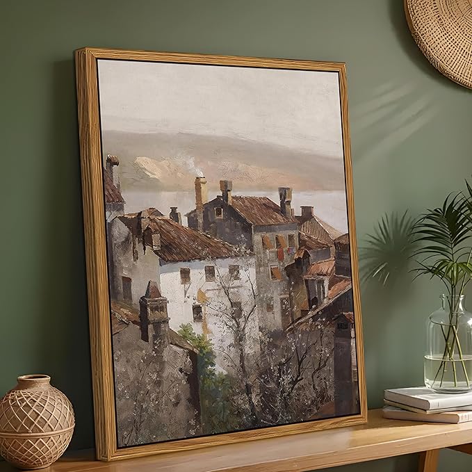 Floating Framed Vintage Canvas Wall Art, European Country Towns Wall Decor Oil Paintings Artwork, Rustic Farmhouse Posters Prints Pictures for Living Room Hallway Bedroom 16x24 inch-Ruum Studio Home