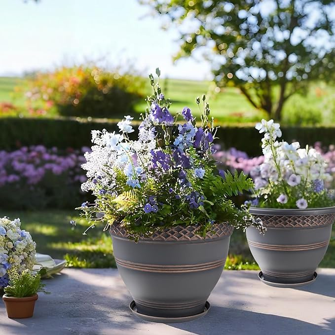 4 Pack 12 Inch Large Plant Pots, Plastic Flower Pot for Indoor & Outdoor with Drainage Holes & Saucer, Plaid Pattern Planters Garden Pots for Herbs Bronze-Ruum Studio Home