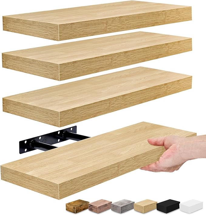 Sorbus Floating Shelves for Wall, Bathroom Shelves Wall Mounted for Kitchen, Bedroom, Living Room, Bathroom Storage, Over Toilet, Hanging Book Shelf for Wall Home Decor (Maple Wood, 4 Pack)-Ruum Studio Home