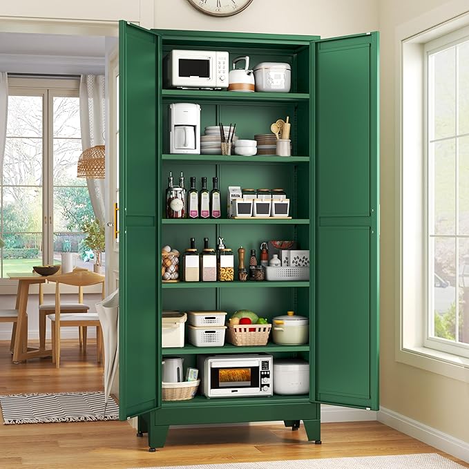 75.2" Tall Kitchen Food Pantry, Pantry Cabinet with 2 Door and 5 Adjustable Shelves, Green Laundry Room Cabinets, Freestanding Pantry for Kitchen, Study Room, Dining Room and Entryway-Ruum Studio Home
