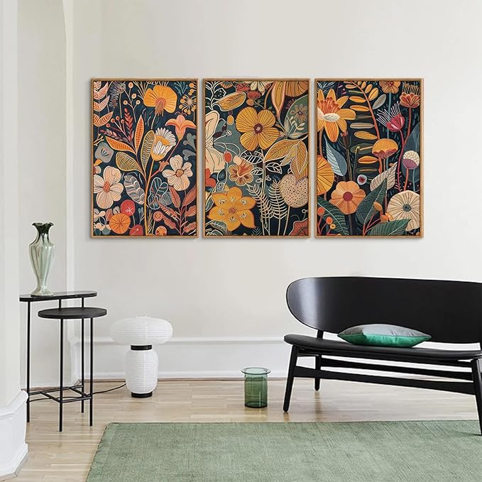 SIGNINART Orange Floral Framed Canvas Wall Art Set of 3, Mid Century Modern Flower Wall Decor, Neutral Plant Artwork, Boho Botanical Art Prints for Bedroom Living Room Office 16"x24"x3-Ruum Studio Home