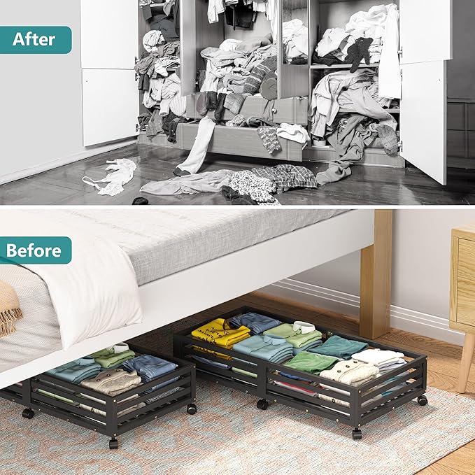 Bamboo Under Bed Storage Containers- Underbed Organizer with Wheels with Large Dust Bag,Sturdy Wood Rolling Under the Bed Shoe Storage Organizer Drawer 2 Packs (Black, Long)-Ruum Studio Home