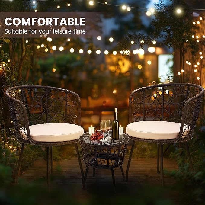 Kromax 3 Piece Bistro Set, Modern Outdoor Wicker Patio Furniture with Tempered Glass Table Top and 2 Chairs, Washable Cushions, Brown Rattan and Begie Cushion-Ruum Studio Home