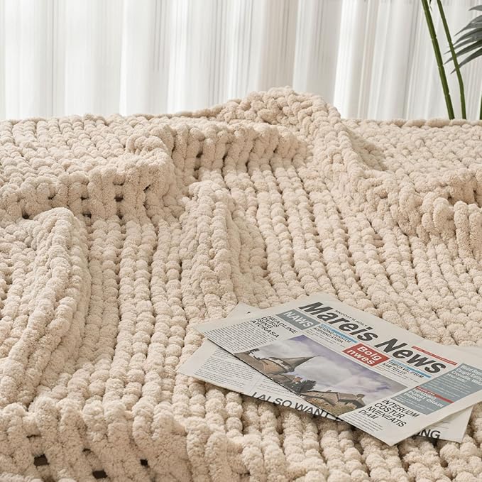 Esterra Chunky Knit Blanket Throw 50"x60", 100% Hand Knitted Chenille Throw Blanket, Cozy Soft Thick Cable Knit Throw Large Rope Knot Crochet Throw Blanket for Sofa Couch Bed, Sandshell/Oatmeal-Ruum Studio Home