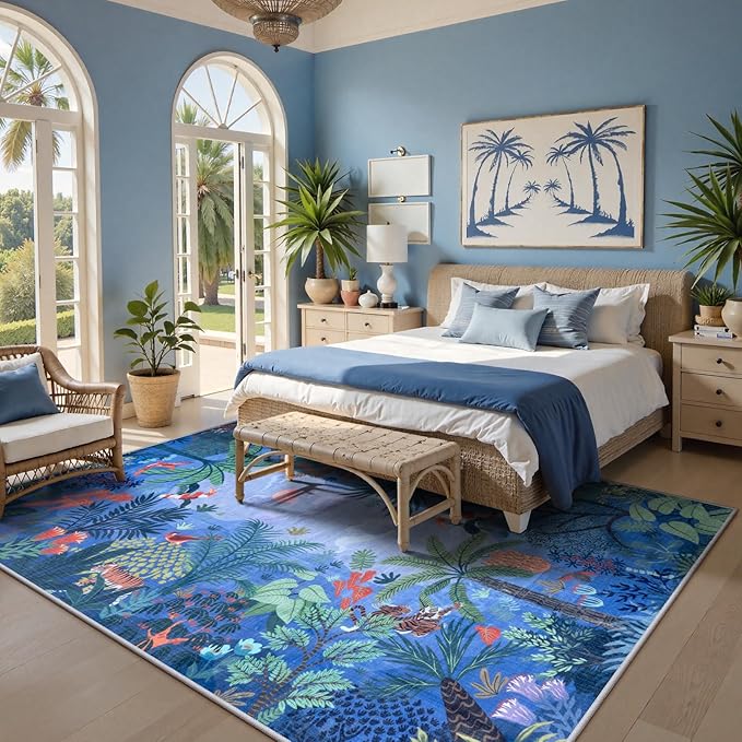LIVEBOX Washable Bedroom Rug 8x10 Under Bed, Modern Stain Resistant Botanical Rug for Living Room Playroom Kids Boy Room, Non-Slip Jungle Forest Print Rugs for Nursery Baby-Ruum Studio Home