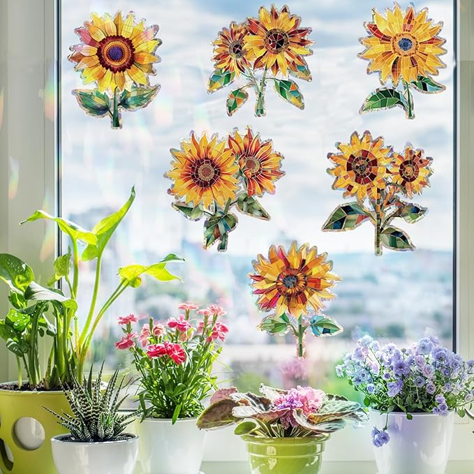 12pcs Window Decals for Bird Strikes, Anti Collision Window Clings, Rainbow Reflection Window Sticker, Sunflower Style Sun Catcher Stickers for Glass Windows-Ruum Studio Home