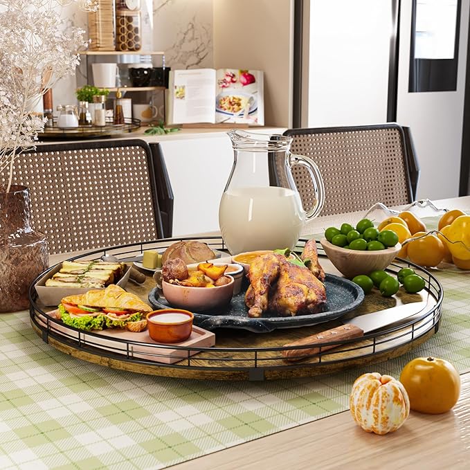 Lazy Susan Turntable Organizer for Table Top, 21’’ Round Wooden Lazy Susan for Cabinet Kitchen Countertop Pantry Dining Coffee Table for Condiments Spices, Rustic Bathroom Vanity Tray for Soap Candle-Ruum Studio Home