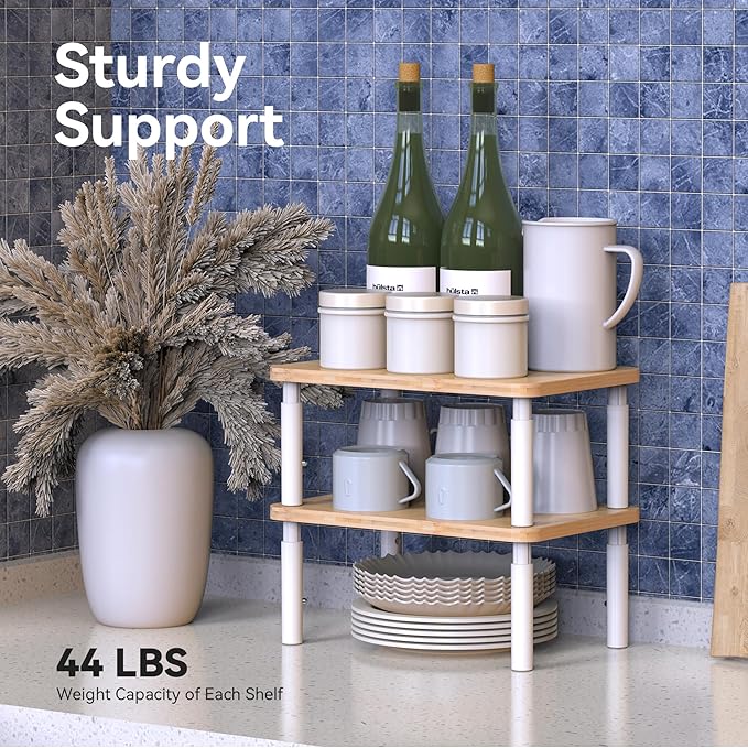 Cabinet Organizer Shelf, Spice Rack Set of 2 Kitchen Pantry Cupboard Shelves, Stackable, Height Adjustable, Natural Bamboo (11.7" W)-Ruum Studio Home