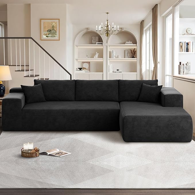 104" Cloud Sectional Couches for Living Room,L Shaped Boneless Couch in A Box,Sleeper Sofa with Comfy Chaise No Assembly Required,Black-Ruum Studio Home