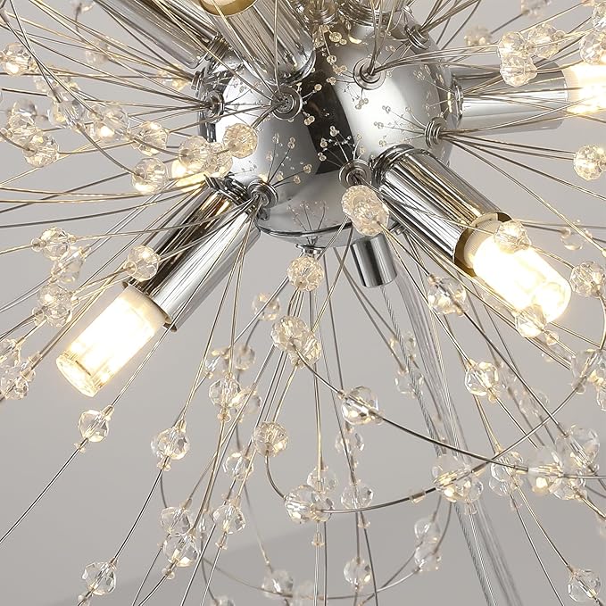 Modern Small Chandeliers, Sputnik Sunflower Crystal Beaded Hanging Lamps, Round Chrome Dandelion Pendant Light for Kitchen Island Bathroom Bedroom Entryway (Chrome 8Lights)-Ruum Studio Home