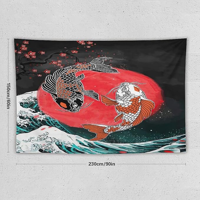 Houselerax Koi Fish Tapestries,Japanese Style Yin Yang Big Wave Cherry Blossoms Tapestry Wall Hanging for Bedroom Living Room Office Decor 90"x60"-Ruum Studio Home