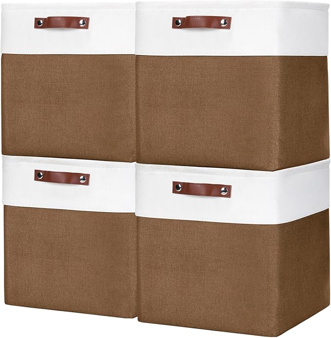 13x13 Cube Storage Bins, Collapsible Fabric Storage Box, 4 Pack Closet Baskets with Handles for Organizing, Shelf, Toys, Clothes, Home, Office, Nursery (Brown&White)-Ruum Studio Home