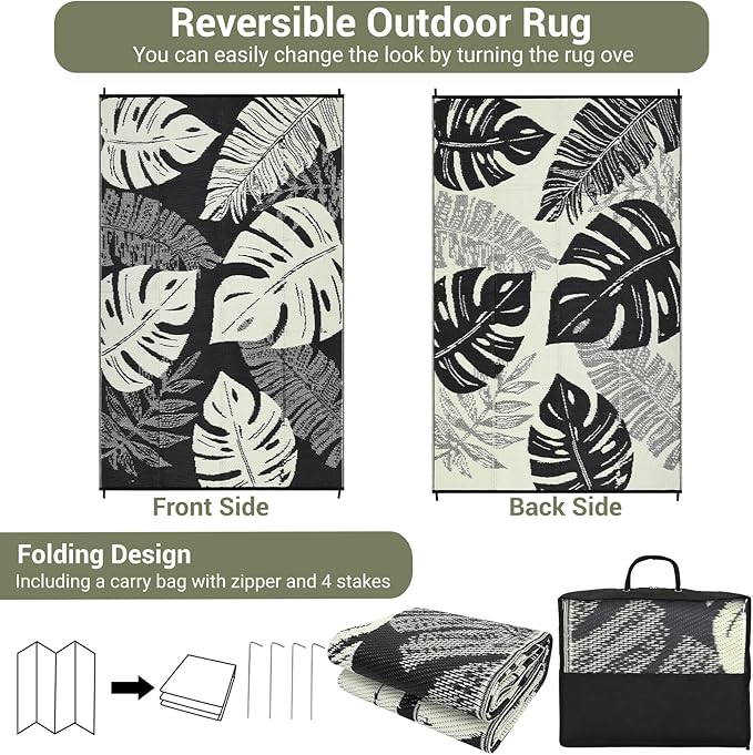 GAOMON Waterproof Plastic Straw Rug 9x12 Outdoor Rug for Patio, Reversible Modern Camping Mat with Bag & Stakes, UV Resistant & Easy to Clean Outdoor Carpet for RV, Deck, Balcony, Beige-Ruum Studio Home