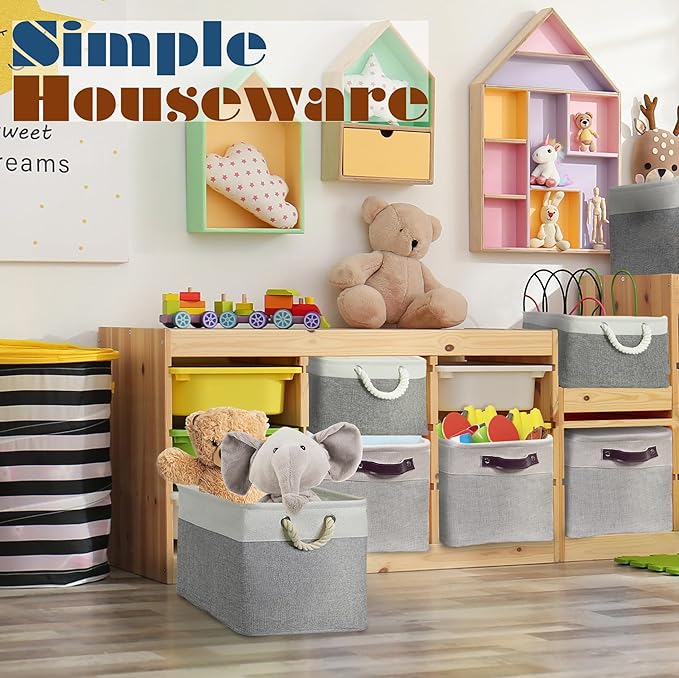 SIMPLE HOUSEWARE Large Fabric Storage Bin, 15" x 11" with Leather Like Handles, 3 Pack, Gray-Ruum Studio Home