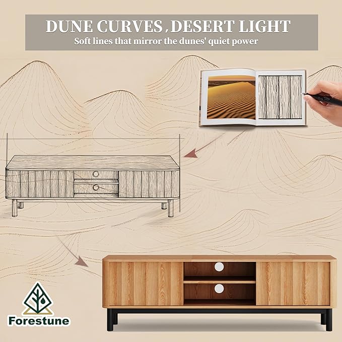 Brown Mid Century Modern TV Stand, Wood Fluted Living Room TV Stands with Storage Sliding Doors, Desert-Inspired Design MCM Entertainment Center for 55 60 65 70 75 55+ 60+ 65+ 70+ Inch-Ruum Studio Home