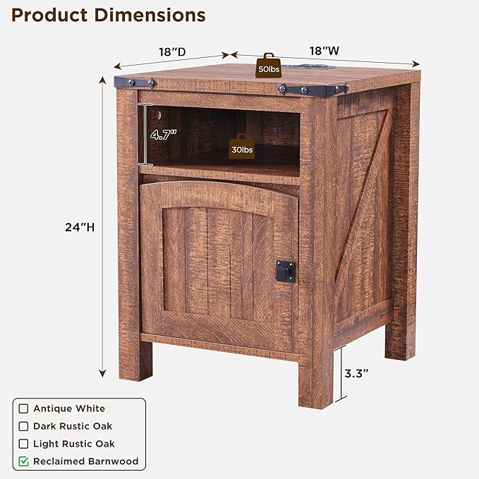 OKD Farmhouse Nightstand with Charging Station, 18" Rustic End Table with Adjustable Storage Shelf, Wood Rustic Wood Sofa Side Table for Bedroom-Ruum Studio Home