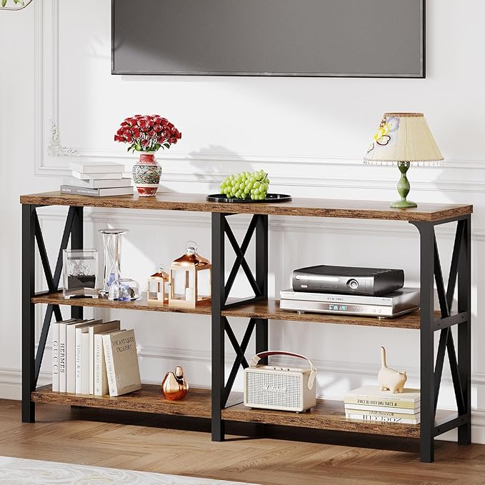 LVB Wood Console Table, Rustic 3 Tier Sofa Table Behind Couch, Industrial Metal Entryway Table with Storage Shelf, Farmhouse Wooden Foyer Hallway Table for Entry Living Room, Rustic Brown, 55 Inch-Ruum Studio Home