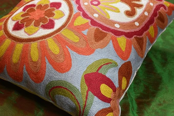 Soft Turquoise Hand Embroidered Floral Pillow Cover Flower Pillows Loral Outdoor Pillowcase Suzani Cushions Flower Chair Cushion Hand Embroidered Wool Size 18x18-Ruum Studio Home