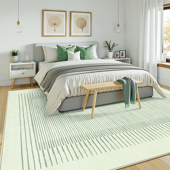 Wonnitar Washable Striped 5x7 Living Room Area Rug, Non-Slip Green Berber Stripe Rugs for Bedroom, Low Pile Soft Minimalist Floor Carpets for Kids Nursery Room Dining Room (Green,5' x 7')-Ruum Studio Home