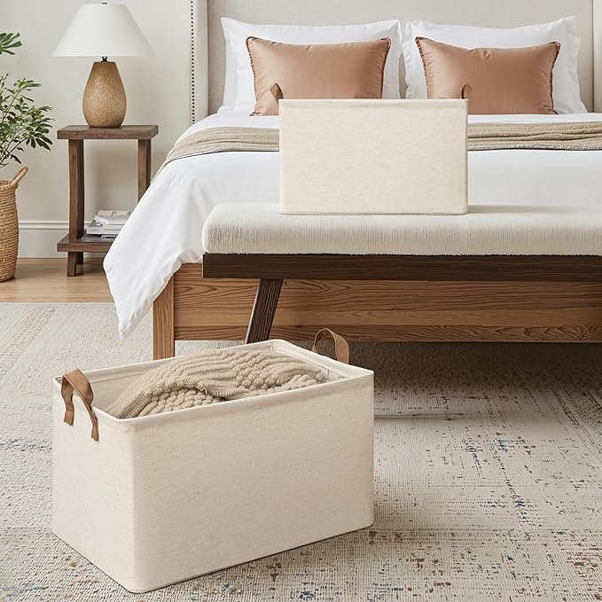 StorageWorks Storage Bins, Shelves Baskets for Organizing, 45L Extra Large Fabric Closet Organizers with Handles, Metal Frame, Beige（Cotton-linen）, 2-Pack-Ruum Studio Home