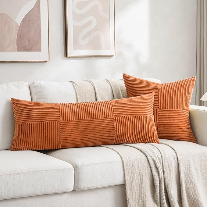 Fancy Homi 2 Packs Burnt Orange Decorative Throw Pillow Covers 22x22 Inch for Living Room Couch Bed, Rustic Farmhouse Boho Home Decor, Soft Corss Corduroy Patchwork Accent Square Cushion Case 55x55 cm-Ruum Studio Home