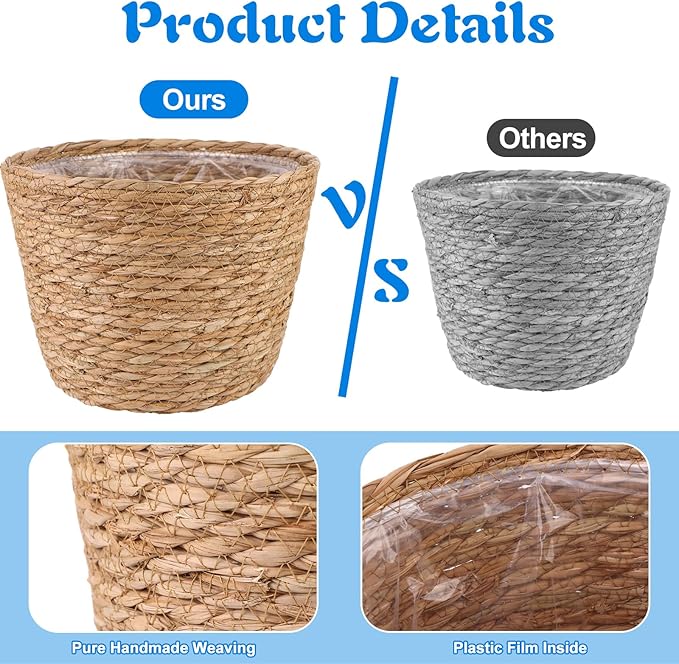 4 Pcs Large Premium Seagrass Planter Basket with Plastic Lining Natural Stylish Planter Baskets Indoor Outdoor Plants Woven Wicker Baskets for Plants Flower Pots Cover and Room Decor(10.2x7.5x7.5")-Ruum Studio Home