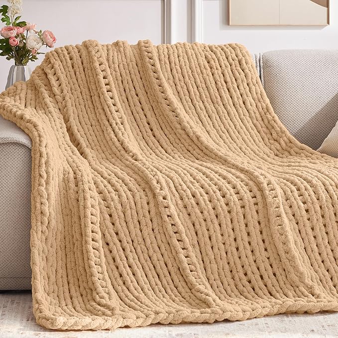 Chunky Knit Throw Blanket, 60''*80'' Knitted Throw Chenille Yarn for Bed Couch, Handmade Beige Crochet Big Thick Blanket, Machine Washable Cute Comfy Blanket for Home Decor-Ruum Studio Home