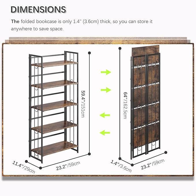 4NM No Assembly 5 Tiers Folding Bookshelf, 59.4" H Foldable Storage Shelves Vintage Bookcase Standing Racks Study Organizer Home Office - Rustic Brown Black-Ruum Studio Home