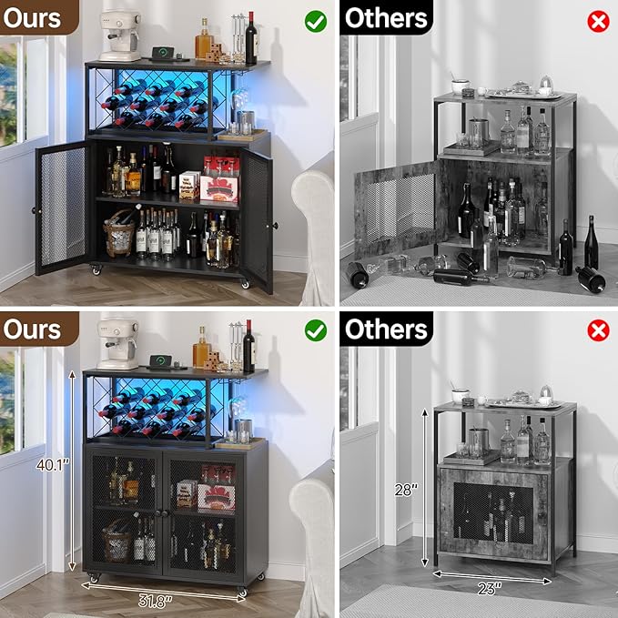 Wine Bar Cabinet with Wheels, 4-Tier Bar Cart with Power Outlets and LED Light, Liquor Cabinet Home Mini Bar with Wine Rack, Coffee Bar Cabinet for Liquor, Black-Ruum Studio Home