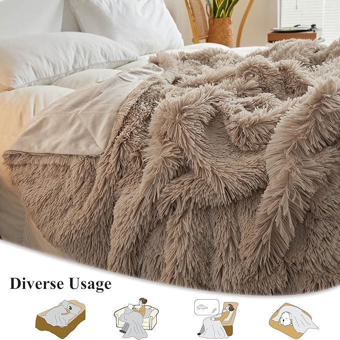 XeGe Luxury Faux Fur Throw, Soft 50x60 Fluffy Blanket, Shaggy Plush Decorative Couch Blanket, Winter Fall Cute Fuzzy Furry Lap Throw for Office Bedroom Living Room Khaki-Ruum Studio Home